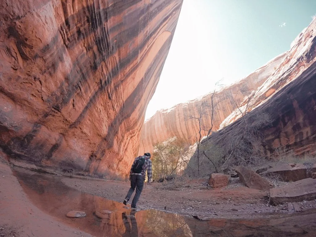 Matt crossing a small stream running through Neon Canyon