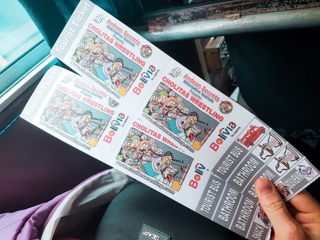 Cholitas Wrestling tickets with stubs for the bus ride, bathrooms, snack, drink, and souvenir