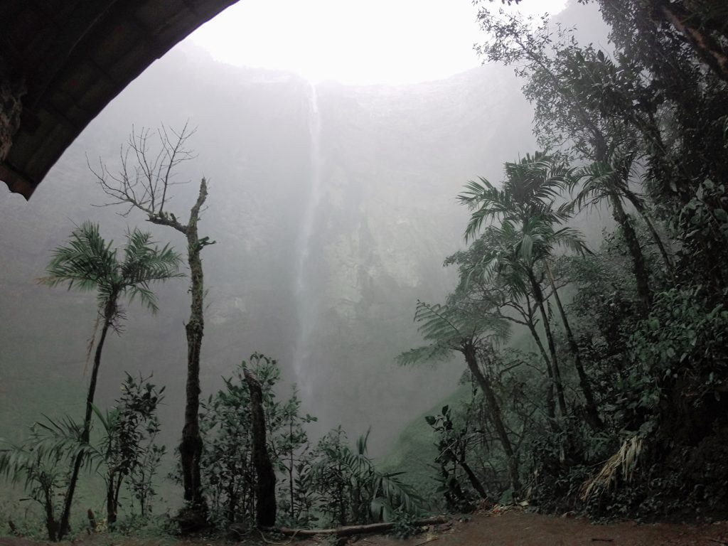 Gocta Waterfall barely visible through the torrential downpour