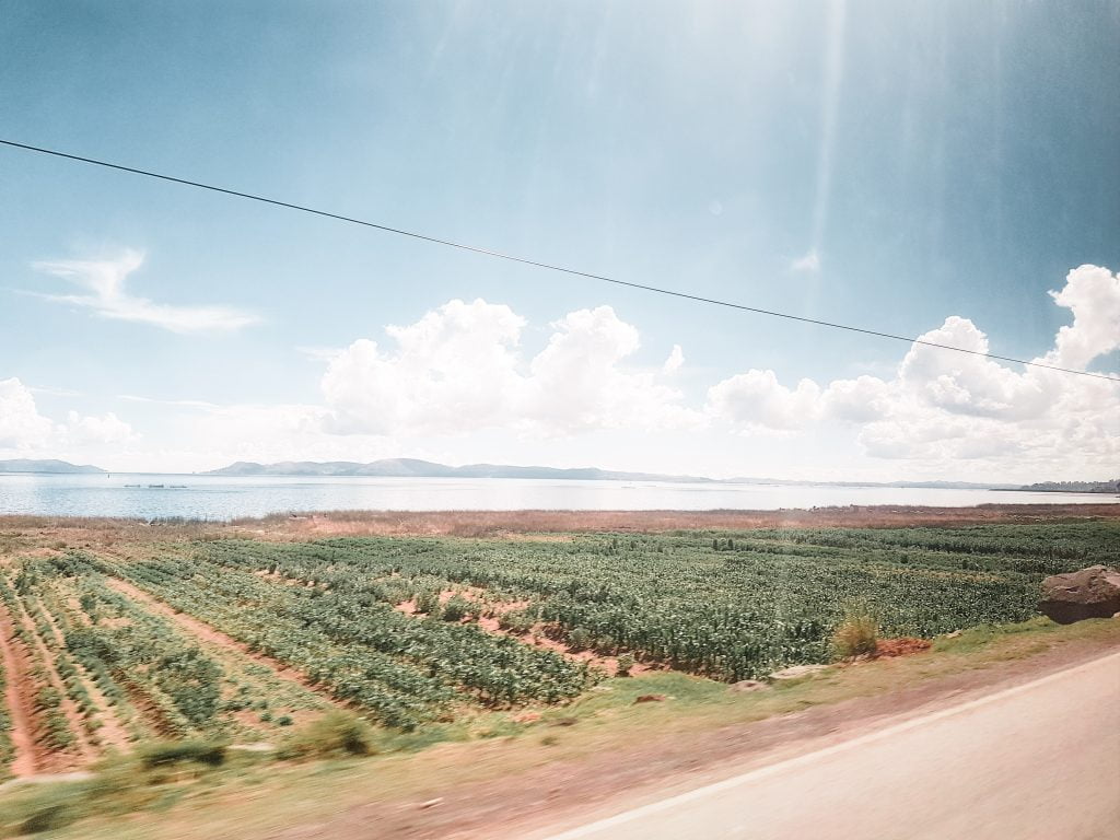 Passing Lake Titicaca on the Peruvian side of the border
