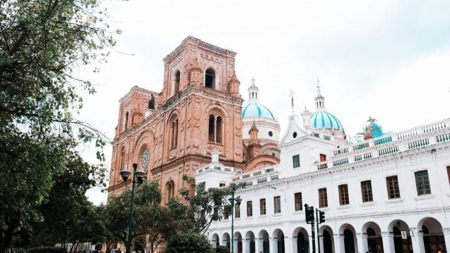 The blue domes of the New Cathedral seen from Parque Calderón