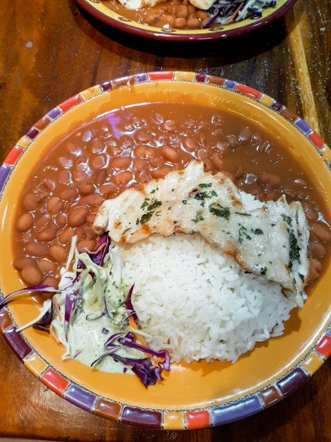 Grilled chicken and beans from a local joint in Montañita