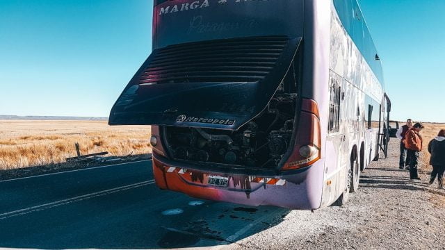 The charred rear of our bus. This was probably our scariest South America bus moment