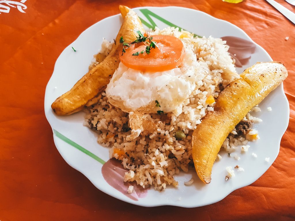 You'll commonly see rice, plantains, and fried egg as a part of local dishes in Bolivia
