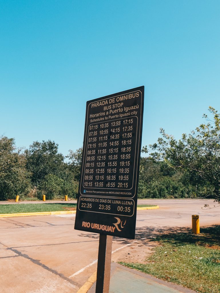 The bus schedule sign at the park entrance. Note that this is subject to change