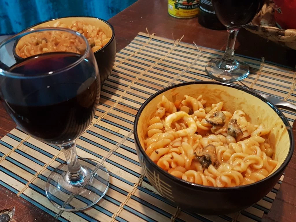 Seafood pasta and Uruguayan wine
