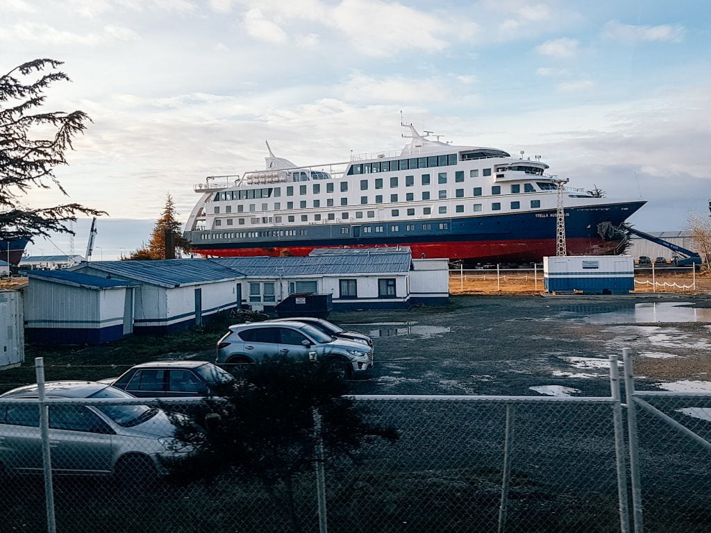 A docked cruise ship in Puerto Natales