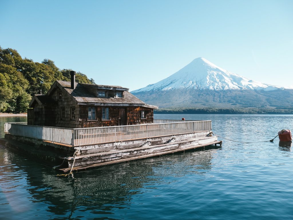 An old cabin floating on Lago Todos los Santos
