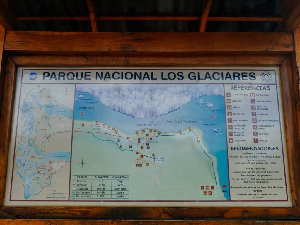 Trail information displayed at Perito Moreno Glacier
