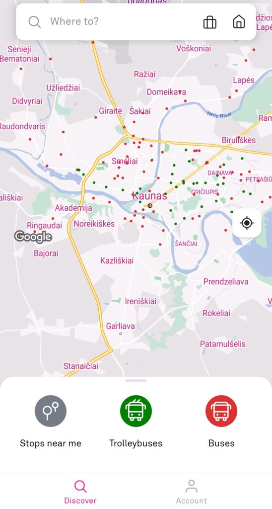 Trafi app showing transport information for the Kaunas area