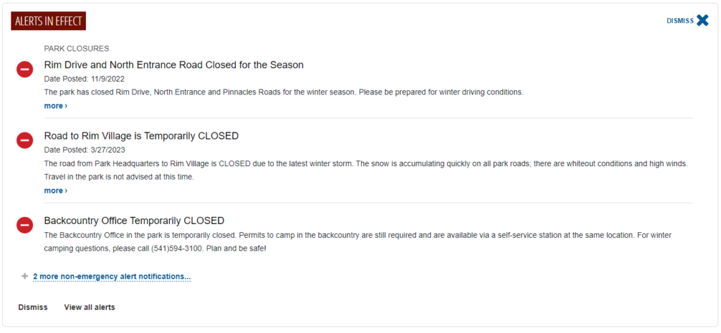 Alerts page example for Crater Lake National Park