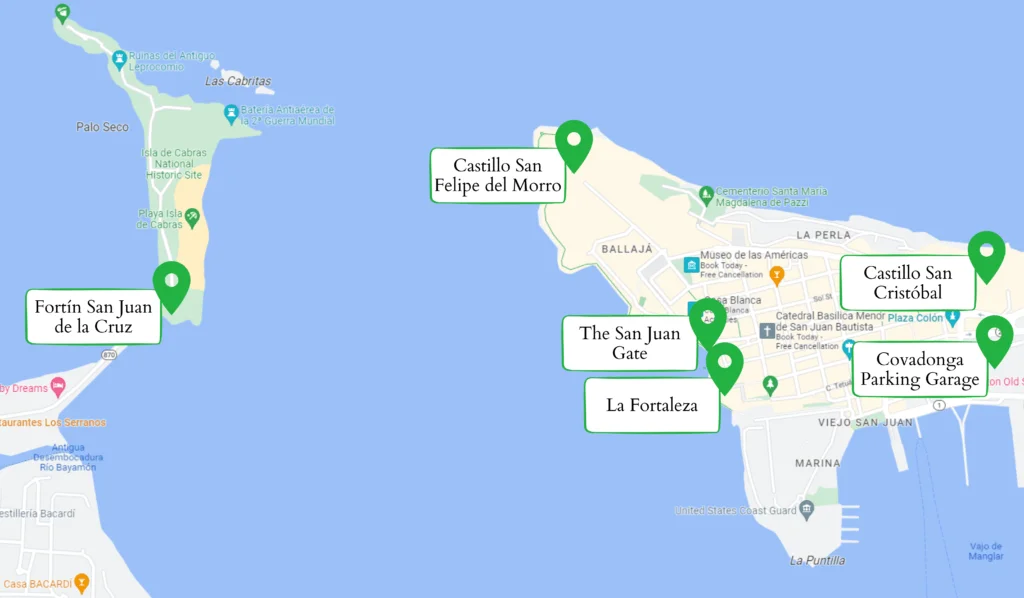 Map of the San Juan Forts and our parking location.