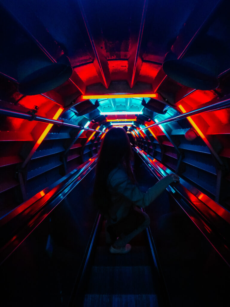 Taking the escalator between spheres in the Atomium