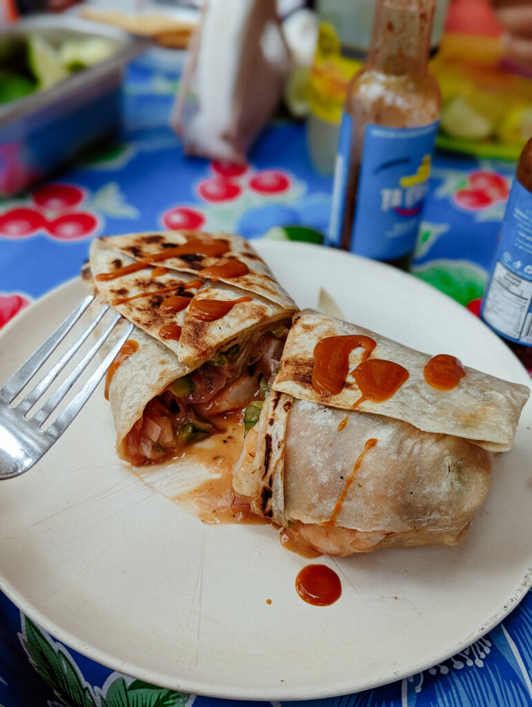 A shrimp burrito from a street stall