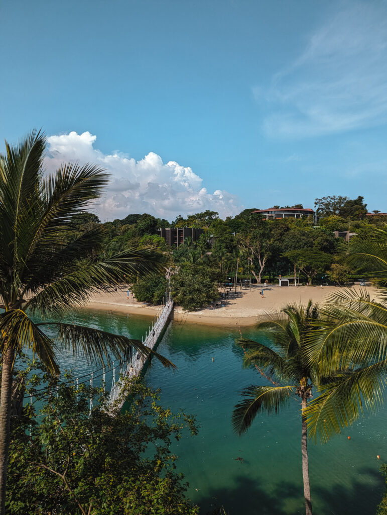 Looking over a Sentosa beach and bridge over the water