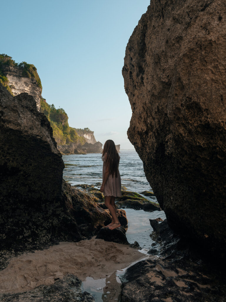 Making our way between the rocks to the larger area of Suluban Beach