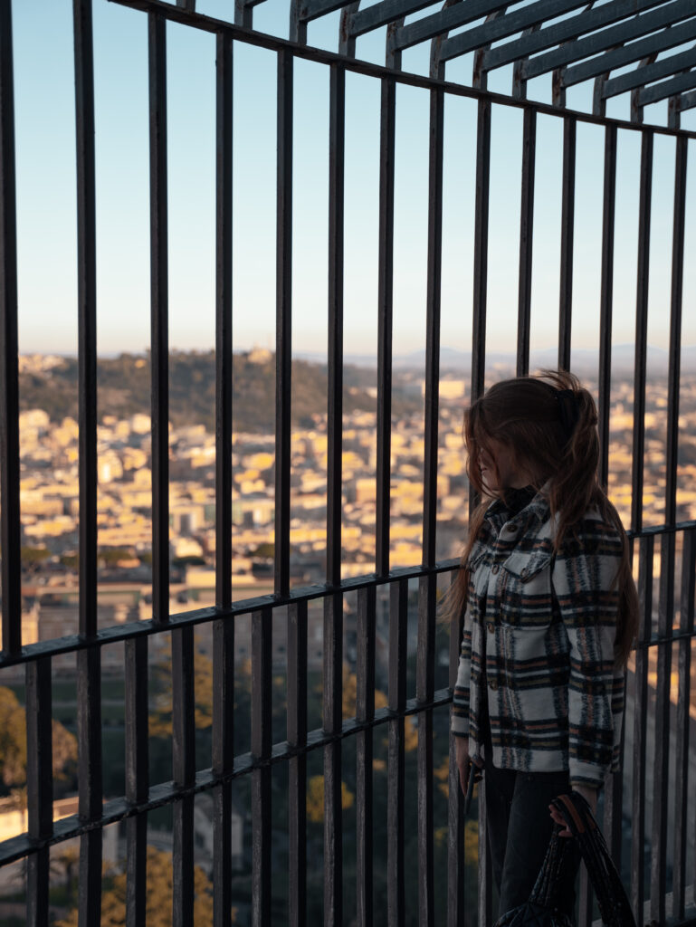 Lia looking out over the city from behind the bars around the dome platform