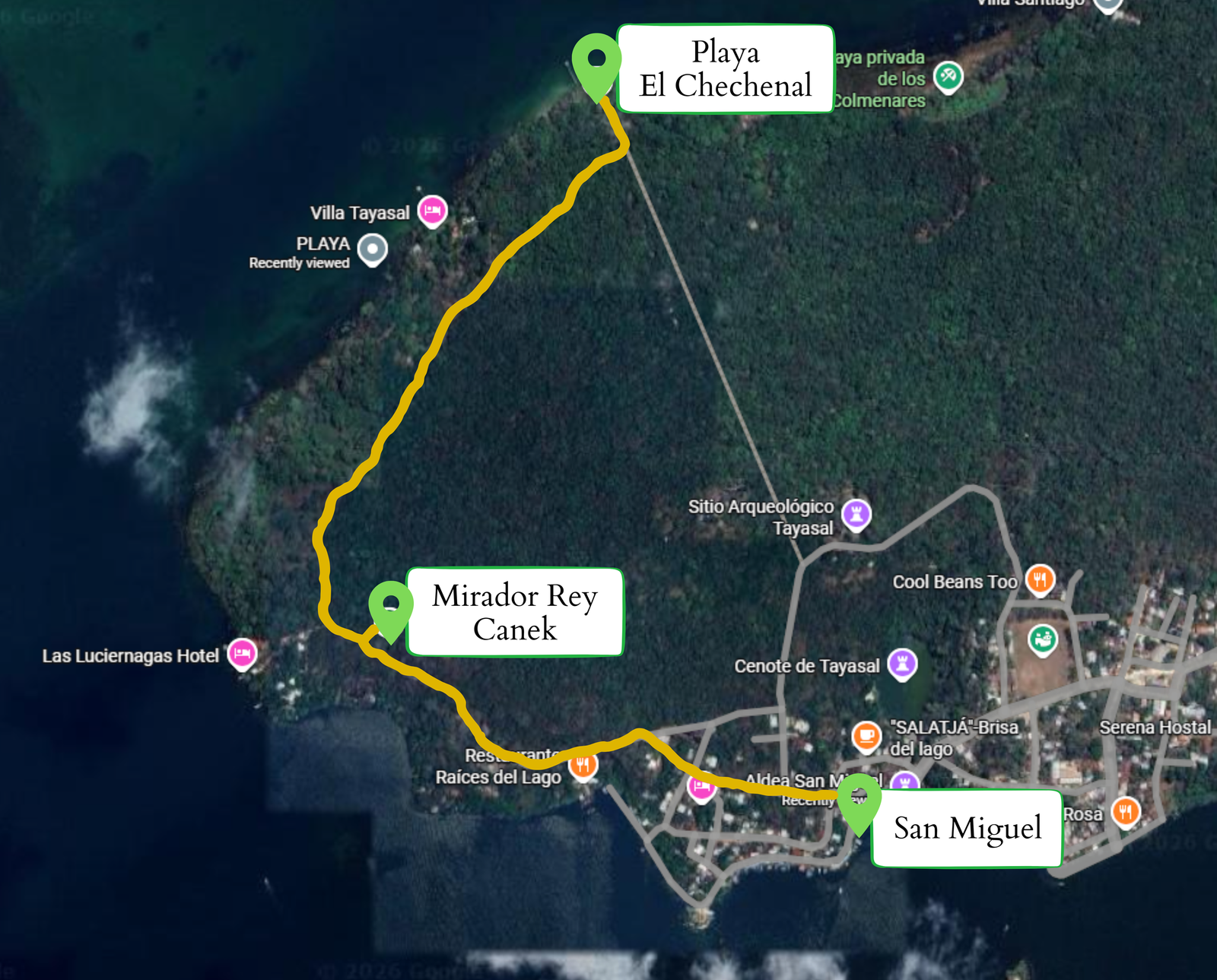The route we took marked in yellow - Playa El Chechenal trail map